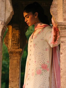 Élégante combinaison en tissu lawn orange brodée, 2 pièces, avec détails en dentelle et franges - Product Image 6