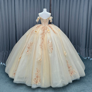Abito da Quinceañera Classico in Raso Dorato con Motivi Floreali 3D, Taglie Forti, Lunghezza a Terra, Stile Principessa, Strascico, Vita Naturale, Applicazioni in Pizzo - Product Image 2