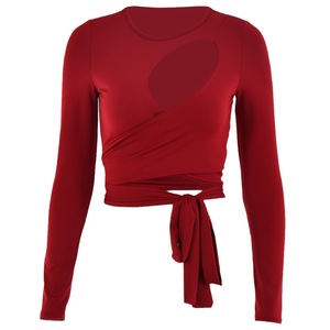 T-shirt tricoté à manches longues pour femme, col rond, coupe courte, ajouré, à nouer sur le devant, couleur unie, en fibre de polyester, pour l'été - Product Image 5