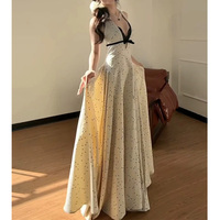 Robe de soirée longue évasée pour femme, style vintage français, sexy, à col licou, décolleté plongeant, avec empiècements en dentelle, nœud et pois, cintrée à la taille, personnalisée