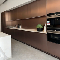 Ensemble de meubles de cuisine modulaires modernes en acier inoxydable de style européen avec poignées encastrées, tiroirs à fermeture amortie, glissières de tiroir, crédence et évier