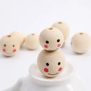10mm DIY Round Wooden Beads With Smile Face Pattern Handmade For Jewelry