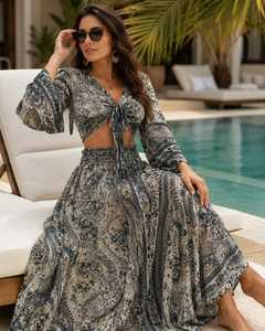 Boho Paisley Tie Front Crop <b>Top</b> <b>Flowy</b> Maxi Skirt Two Piece Resort Wear Set Women's Holiday Celebration Silk Chiffon Natural - Product Image 2
