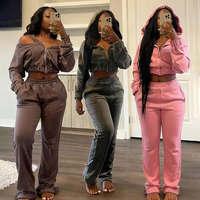 Ensemble 2 pièces OEM pour femme : veste courte et pantalon en coton épais délavé à l'acide, avec sweat à capuche zippé