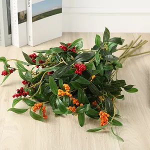 O-X483 all'ingrosso piante Decorative di natale rosso arancio bacche artificiali steli bacche di agrifoglio decorazione floreale artificiale