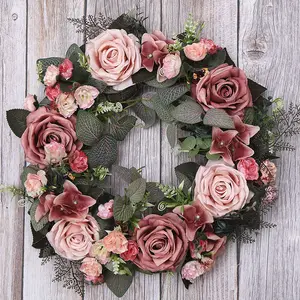 Red striped eucalyptus Classic Rose wreath rattan decoration wreath Used for decoration wall and interior and wedding