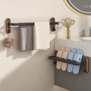 Bathroom Walnut Wood Towel Rack Gunmetal Gray Double Bar Self Adhesive Minimalist Design - Product Image 4