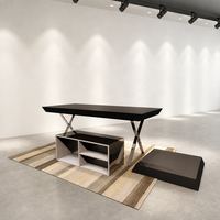 Table de présentation noire avec pieds en X chromés, meuble îlot bas commercial pour vêtements