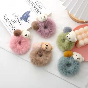 Nieuwste Schattige Paardenstaart Houder Scrunchies Meisjes Kleurrijke Elastische Haarstropdas Teddybeer Pluche Nepbont Stijl Zoete Stof - Product Image 2