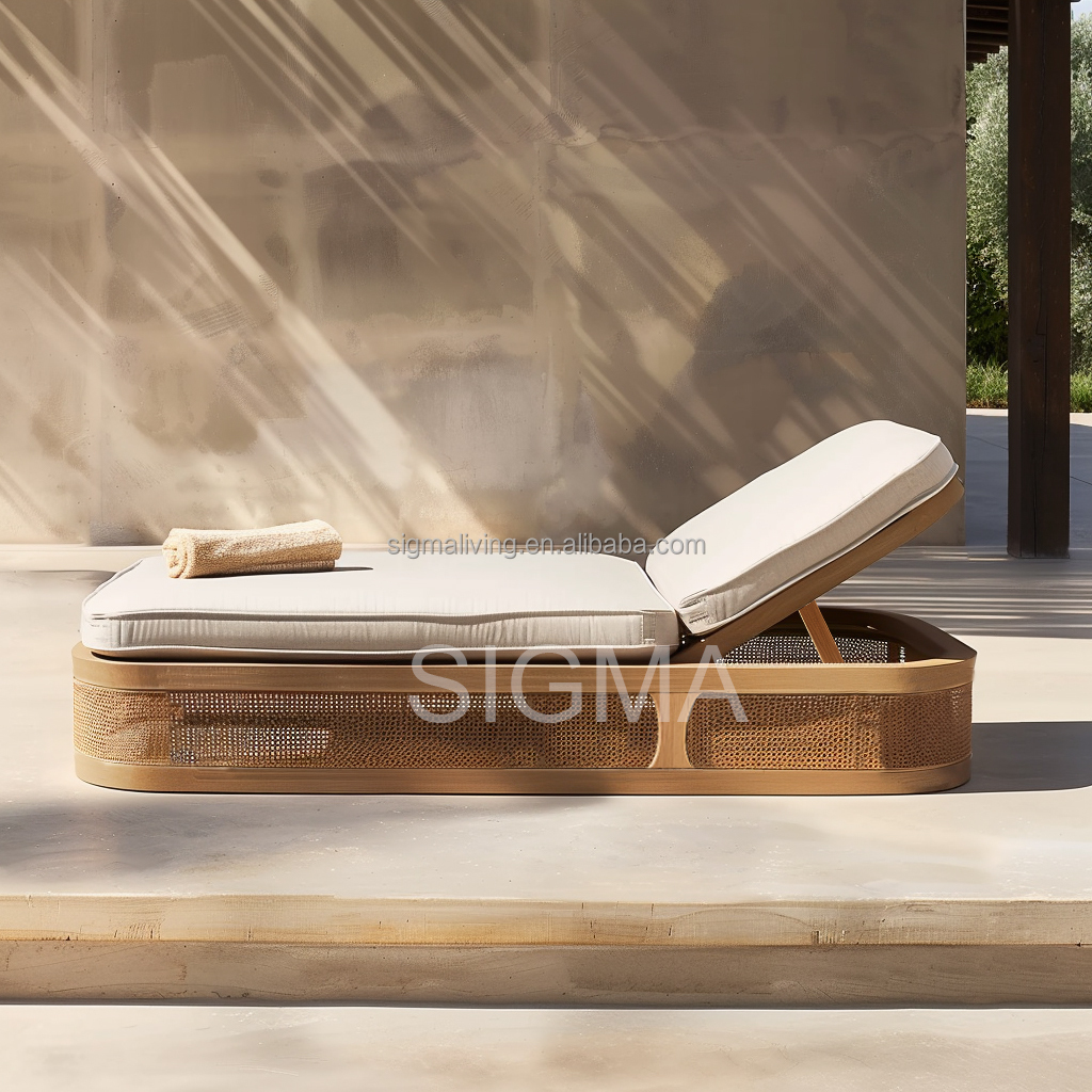 All Weather Water Resistant Outdoor Furniture Wooden Chaise Garden Chaise Daybed Solid Wooden Rope Teak Beach Sun Lounger