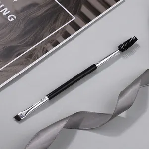 Factory Price Single Black Silver Angled Eye Brow Brush And Eyebrow Spoolie Double Side Super Thin Vegan Hair Wholesale