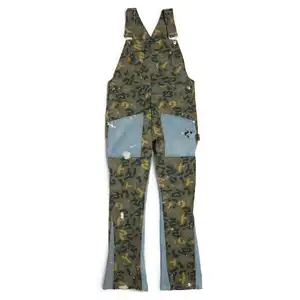 Custom Men Boys 2022 Fashionable Denim Patchwork Bib Flare Overalls Wider Leg Camouflage Carpenter Jumpsuits