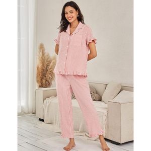 FOXA Womens Striped Pajama Set Cotton Button <b>Down</b> Short Sleeve Top Long <b>Pants</b> 2 Piece Sleepwear Loungewear - Product Image 2