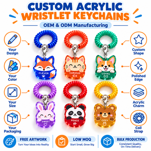 Custom Acrylic Animal Wristlet Keychain Cute Cartoon Pet Charm Coil Bracelet Key <b>Ring</b> OEM ODM - Product Image 4