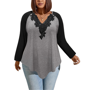 Blusa de talla grande con cuello en V para mujer, ropa de oficina Formal INS, Top con encaje de costura, tela de gasa de Color sólido para primavera y verano - Product Image 1