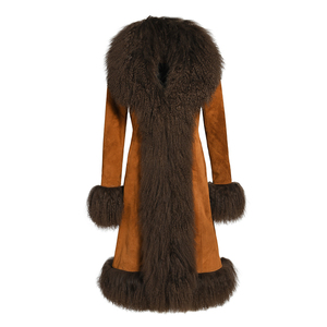Luxury Natural <strong>Lambskin</strong> <strong>Leather</strong> Trench Coat Long Style Real Mongolian Fur Collar Cuffs Women Soft Genuine Suede <strong>Leather</strong> <strong>Jacket</strong> - Product Image 1