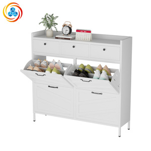 Meuble à chaussures en métal blanc avec 4 tiroirs basculants et 3 tiroirs supérieurs, organisateur de rangement d'entrée fin et autoportant avec dispositif anti-basculement - Product Image 1