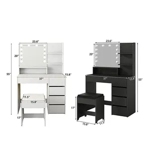Modern Hollywood 5 Drawer Large Makeup Dresser with Pouf Rattan Dresser Set with LED Mirror and Light