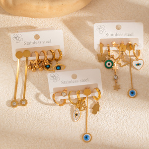 Juego de Aretes de Acero Inoxidable Chapados en Oro para Mujer, Aretes Colgantes Vintage con Diseño de Ojo de Demonio, Corazón y Trébol de Cuatro Hojas, Joyería Impermeable - Product Image 2