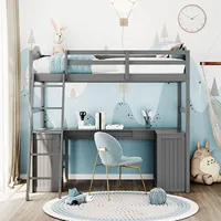 Lit mezzanine double en bois avec étagères de bureau Armoire et échelle Cadre de lit mezzanine haut avec garde-corps pour chambre d'adolescents et adultes