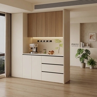 Armoire de chambre murale complète en composite chêne clair mat crème, unité de base encastrée pour machine à café avec tiroir