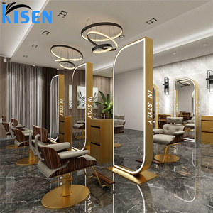 Mueble de exhibición de acero inoxidable KISEN para salón, mesa de tocador y consola con espejo de doble cara para uso en barberías - Product Image 1