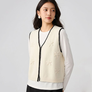 Factory Wholesale Custom White Elegant <strong>Sleeveless</strong> Sweaters Vest Wool Blend V-Neck Knitted <strong>Cardigan</strong> for <strong>Women</strong> - Product Image 3