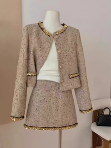 Completo Blazer Tweed corto floreale e minigonna da donna completo Casual 2 pezzi <span class=keywords><strong>con</strong></span> decorazione in <span class=keywords><strong>pizzo</strong></span> a lunghezza corta - Product Image 5