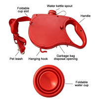 Laisse rétractable pour chien 4 en 1 de 1,2 m avec gamelle pliable, boîte de rangement pour l'eau, distributeur de sacs à excréments, abreuvoir pour animaux de compagnie
