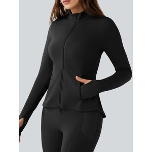 Custom Women's Zip up Workout Jacket Polyester Solid Color Pleated Slim Fit Stand Collar Long Sleeve Gym <b>Top</b> with <b>Thumb</b> <b>Holes</b> - Product Image 4