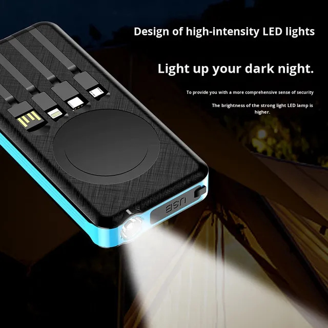 New Lithium Ion Solar Power Bank with Cable 10000mAh Wireless Charging Portable Waterproof for Outdoor Use