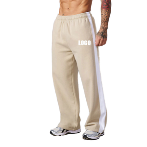Pantalon de survêtement en molleton beige pour homme avec bande latérale blanche, taille élastique, pantalon décontracté pour l'automne - Product Image 1