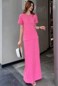 Completo Set Abito Lungo di Alta Qualità Nuovo 2026 Primavera Estate Designer Abbigliamento Donna: Top Bianco Rosa a <span class=keywords><strong>Maniche</strong></span> Corte + Gonna Lunga in Lino - Product Image 2