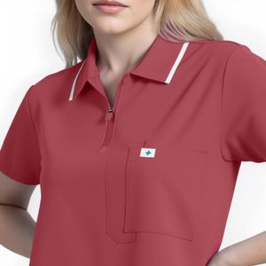 Conjunto de Uniformes Médicos para Mujer FOXA, Top Polo con Cierre y Pantalones Rectos de Mezcla de Algodón - Product Image 4