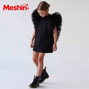 Robe noire à volants en maille pour filles, style gothique, robe de performance pour enfants, tenue de fête d'Halloween, vêtements de danse de scène - Product Image 1