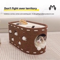 Lit pour chat intégré avec griffoir, jouet pour chat, structure semi-fermée anti-stress, forme de baril, toutes saisons, en feutre double couche