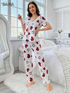 Nuevo Conjunto de Pijama para Mujer, Estampado de Corazones, Manga Corta y Pantalones Largos, Ropa de Dormir - Product Image 5