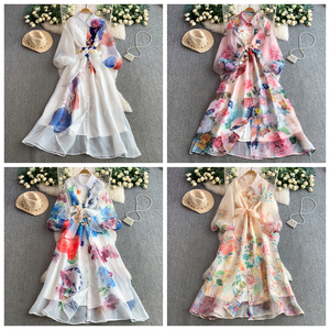 Robe longue en mousseline imprimée de luxe léger pour <span class=keywords><strong>femme</strong></span>, jupe longue évasée amincissante et cintrée à la taille pour les vacances d'automne - Product Image 2