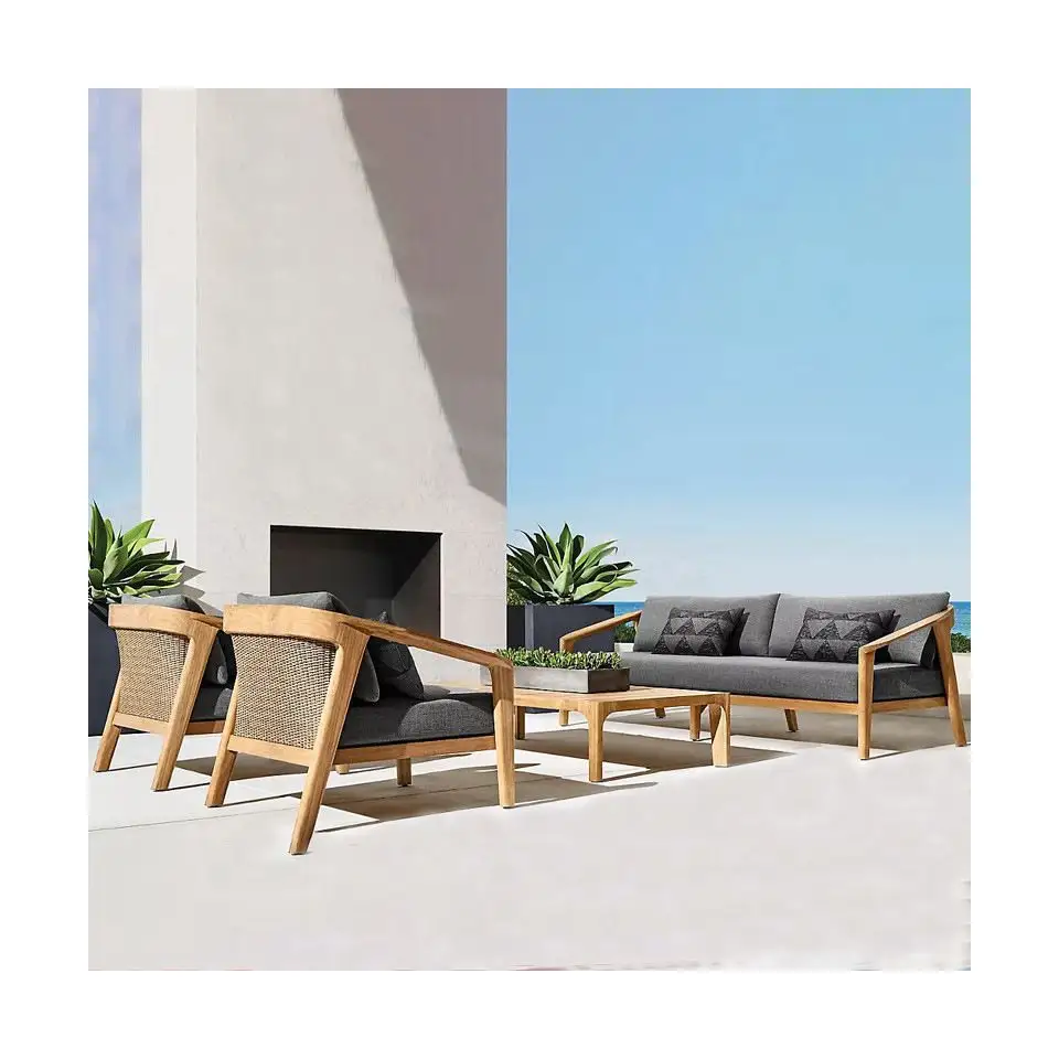 Luxury Waterproof Modern Garden Furniture Set Rattan Rope Wicker Fire Pit Patio Couch Sectional Teak Wood Aluminum Outdoor Sofa