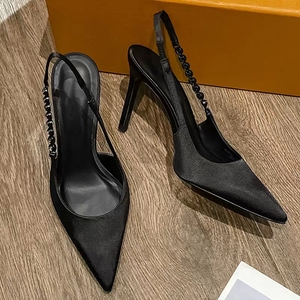 Women's Metallic Pointed Toe Stiletto Heels Chain Decor Slingback Pumps Fashion Party Dress Shoes - Product Image 4