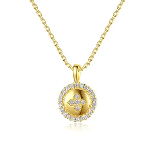 Wholesale 14K Gold Plated 925 Sterling Silver Diamond Flower Medallion Pendant Necklace