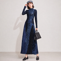 Ensemble deux pièces plissé pour femme, imprimé ciel étoilé, haut à col montant et manches longues & jupe longue, style Miyake élégant, vente en gros