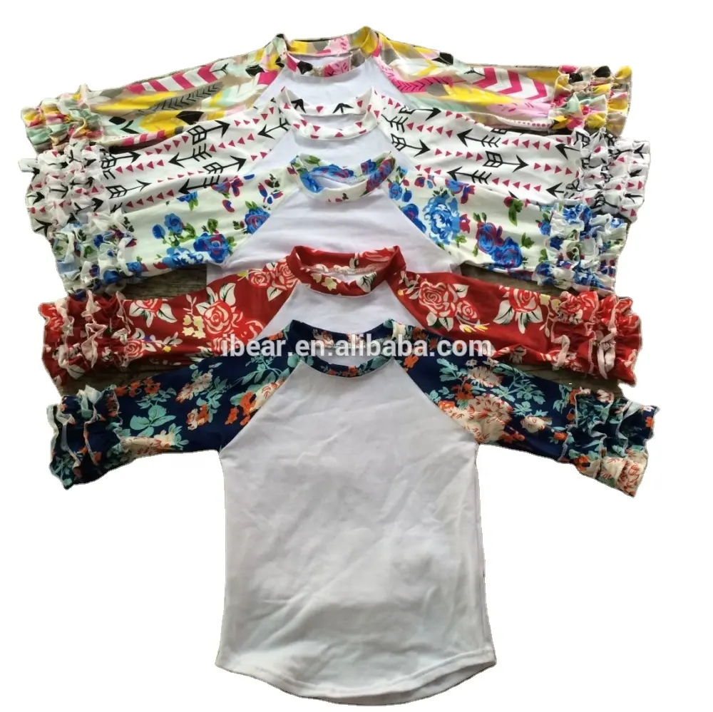 2022 girls shirt white top floral print long ruffle sleeves popular fashion kid clothes ruffle raglan shirt