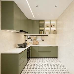 Juego de Muebles de Cocina Balom Personalizados con Acabado en Madera Verde, Tiradores Dorados, Almacenamiento Integrado, Muebles de Cocina Modernos para Villa - Product Image 2