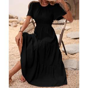 Robe maxi décontractée d'été pour femmes sur mesure, longueur genoux, avec manches bouffantes, col smocké, taille cintrée, design bohème floral à volants - Product Image 2