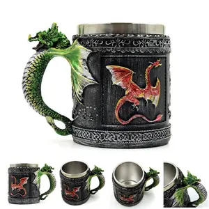 Retro Horn Harz Bierkrug Edelstahl Ritter Krug Halloween Kaffeetasse Wikinger Tee becher Pub Bar Dekoration