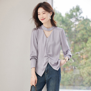 <b>White</b> Chiffon V-Neck Blouse With Halter <b>Lace</b> Up Design For Commuting Women's Shirt Q9953 - Product Image 2