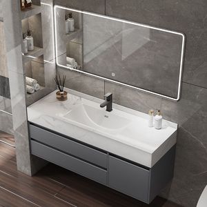 Modern Nordic style rock slab ceramic seamless integrated basin intelligent lighting defogging <b>mirror</b> bathroom cabinet - Product Image 2