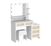 Bureau de vanité Boho en rotin avec miroir et lumières, ensemble de vanité de maquillage de chambre à coucher avec vanités de table de chevet pour les chambres à coucher