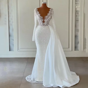 Elegante Abito <span class=keywords><strong>da</strong></span> Sposa Bianco con Scollo a V, Maniche Lunghe e Schiena in Pizzo, Vestito <span class=keywords><strong>da</strong></span> Principessa per Cerimonia Nuziale - Product Image 6